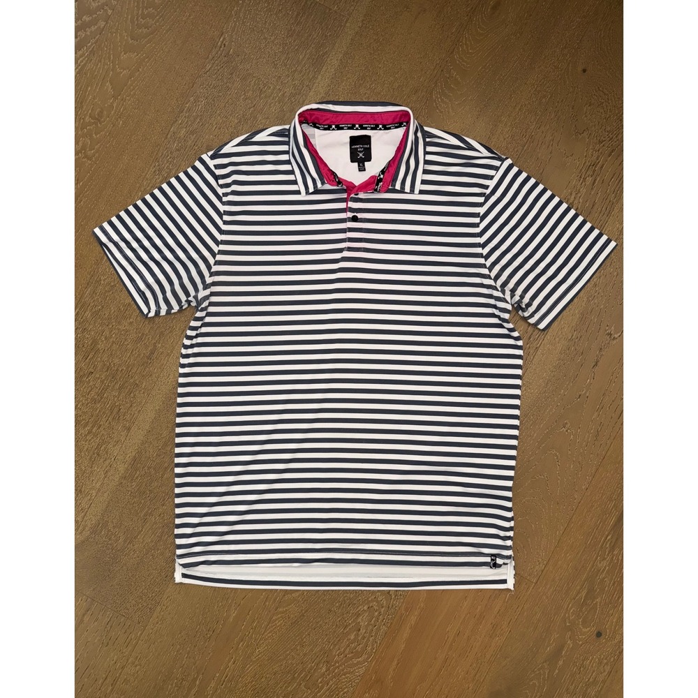 Kenneth Cole Golf Mens XL Navy Blue White Striped Performance Polo Shirt